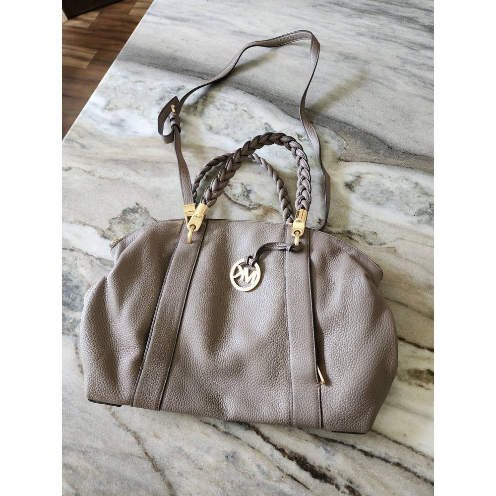 Michael Kors Naomi Taupe Pebbled Leather Braided Handle Satchel Crossbody Bag MK